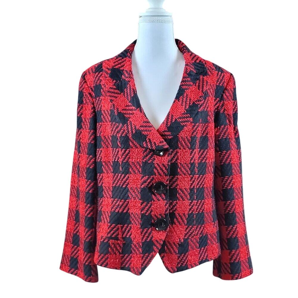 Coldwater Creek Red Black Houndstooth Blazer Jacket 3/4 Sleeve | Sz 14
